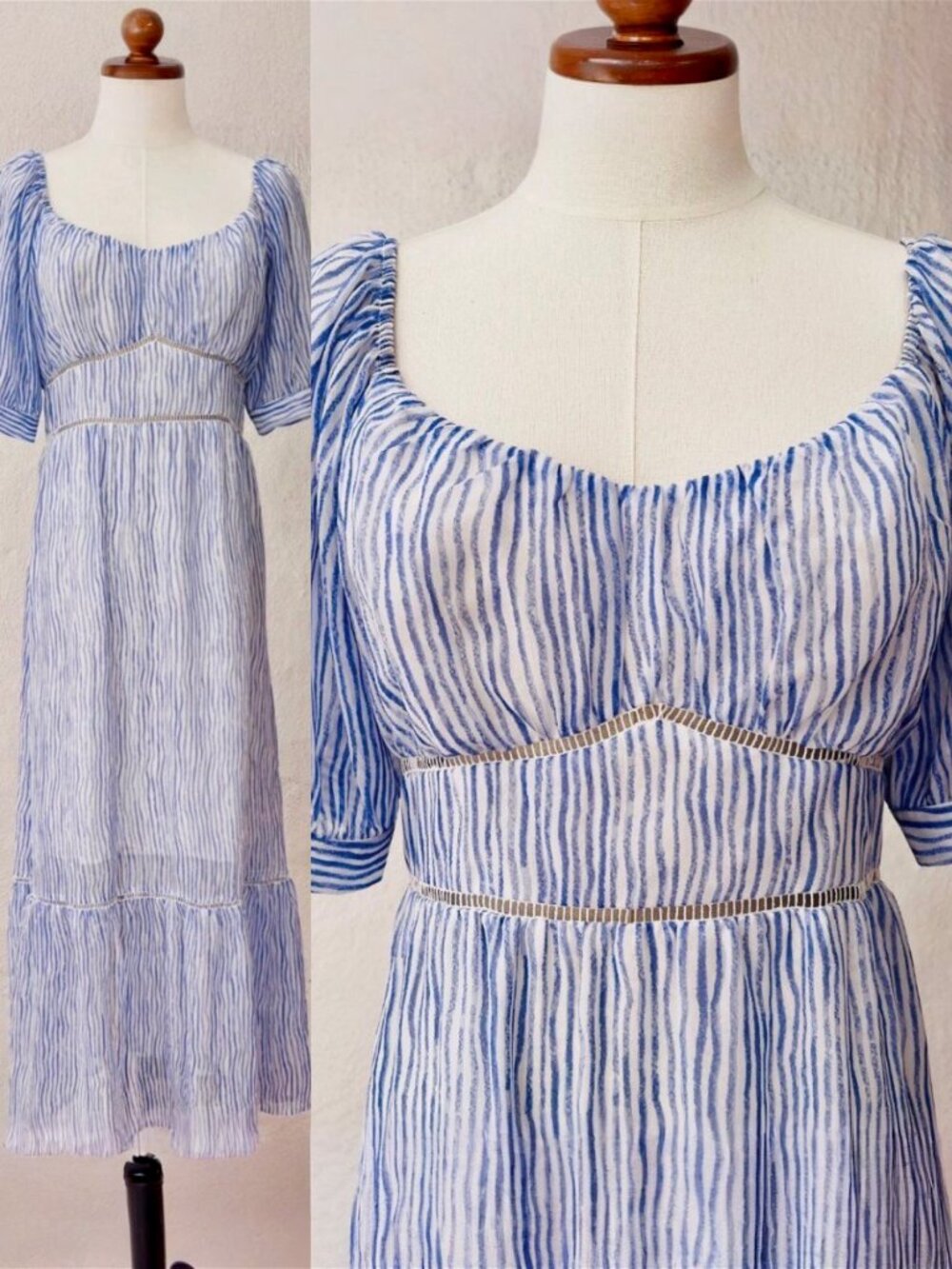 Moon River Blue & White Stripe Puff Sleeve Milkmaid Bust Tiered Midi Dress Sz M